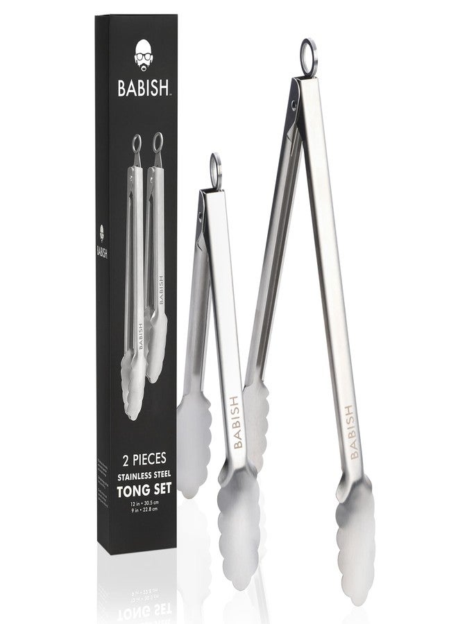 Babish 2-Piece Locking Kitchen Tongs Set - 12” & 9” Stainless Steel Cooking Tongs with Non-Slip Grip - Heavy-Duty BBQ, Grilling & Serving Tools - Image 1